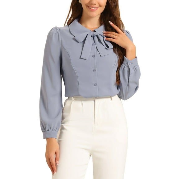 INSPIRE CHIC Women's Button Down Shirt Peter Pan Collar Tie Neck Solid Color Blouse M Light Gray