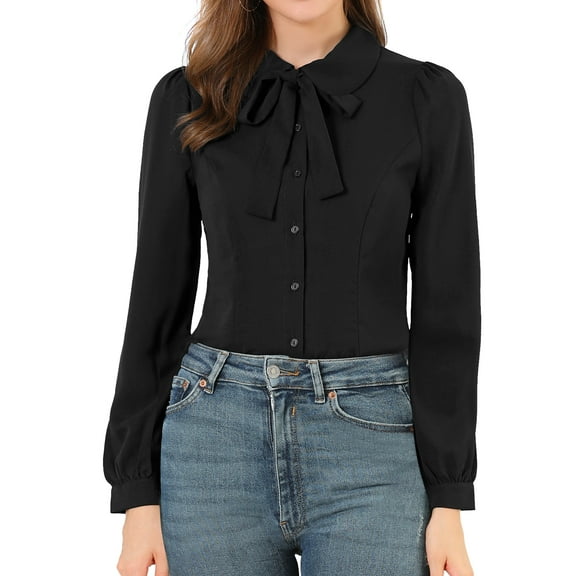INSPIRE CHIC Women's Button Down Shirt Peter Pan Collar Tie Neck Solid Color Blouse S Black