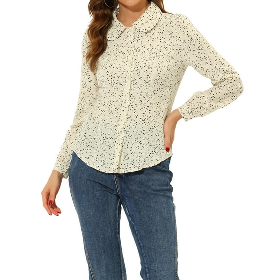 INSPIRE CHIC Women's Button Down Shirt Peter Pan Collar Tie Neck Solid Color Blouse XS Cream White-Dots