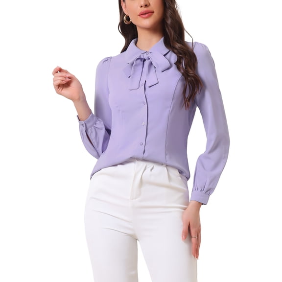 INSPIRE CHIC Women's Button Down Shirt Peter Pan Collar Tie Neck Solid Color Blouse XS Light Purple