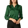 thumbnail image 1 of INSPIRE CHIC Women's Button Up Shirts Puff Long Sleeves Vintage Satin Wear-to-Work Blouse L Green, 1 of 8