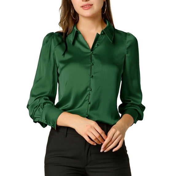 INSPIRE CHIC Women's Button Up Shirts Puff Long Sleeves Vintage Satin Wear-to-Work Blouse L Green