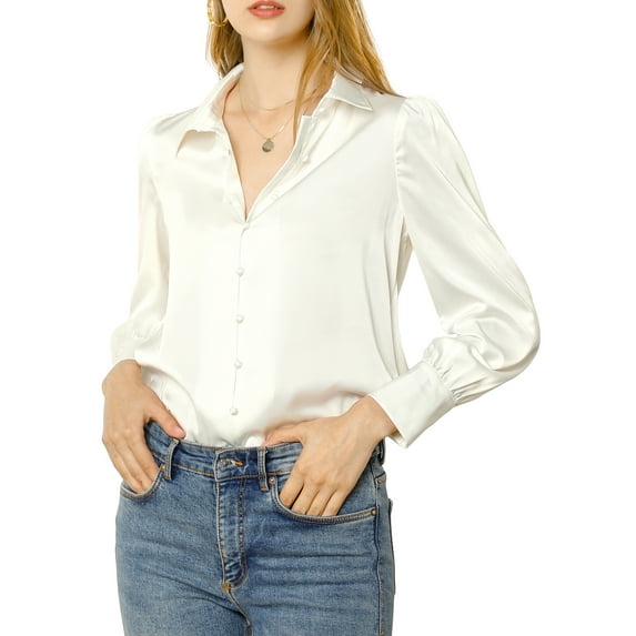 INSPIRE CHIC Women's Button Up Shirts Puff Long Sleeves Vintage Satin Wear-to-Work Blouse L White