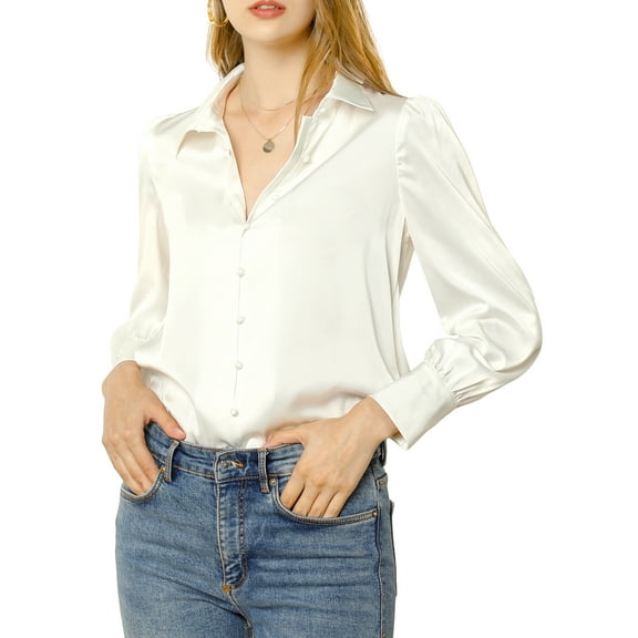 INSPIRE CHIC Women's Button Up Shirts Puff Long Sleeves Vintage Satin Wear-to-Work Blouse L White