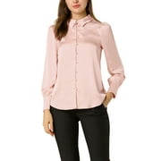 INSPIRE CHIC Women's Button Up Shirts Puff Long Sleeves Vintage Satin Wear-to-Work Blouse M Pink