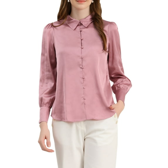 INSPIRE CHIC Women's Button Up Shirts Puff Long Sleeves Vintage Satin Wear-to-Work Blouse XS Dusty Pink