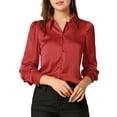 thumbnail image 1 of INSPIRE CHIC Women's Button Up Shirts Puff Long Sleeves Vintage Satin Wear-to-Work Blouse XS Red, 1 of 8