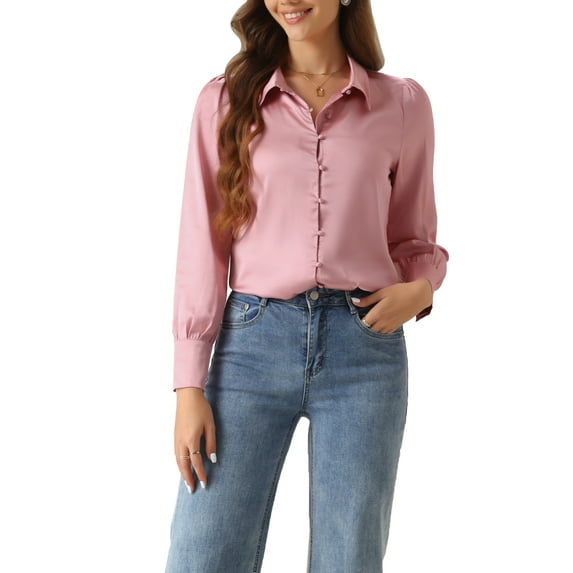 INSPIRE CHIC Women's Button Up Shirts Puff Long Sleeves Vintage Satin Wear-to-Work Blouse XS Rust Pink