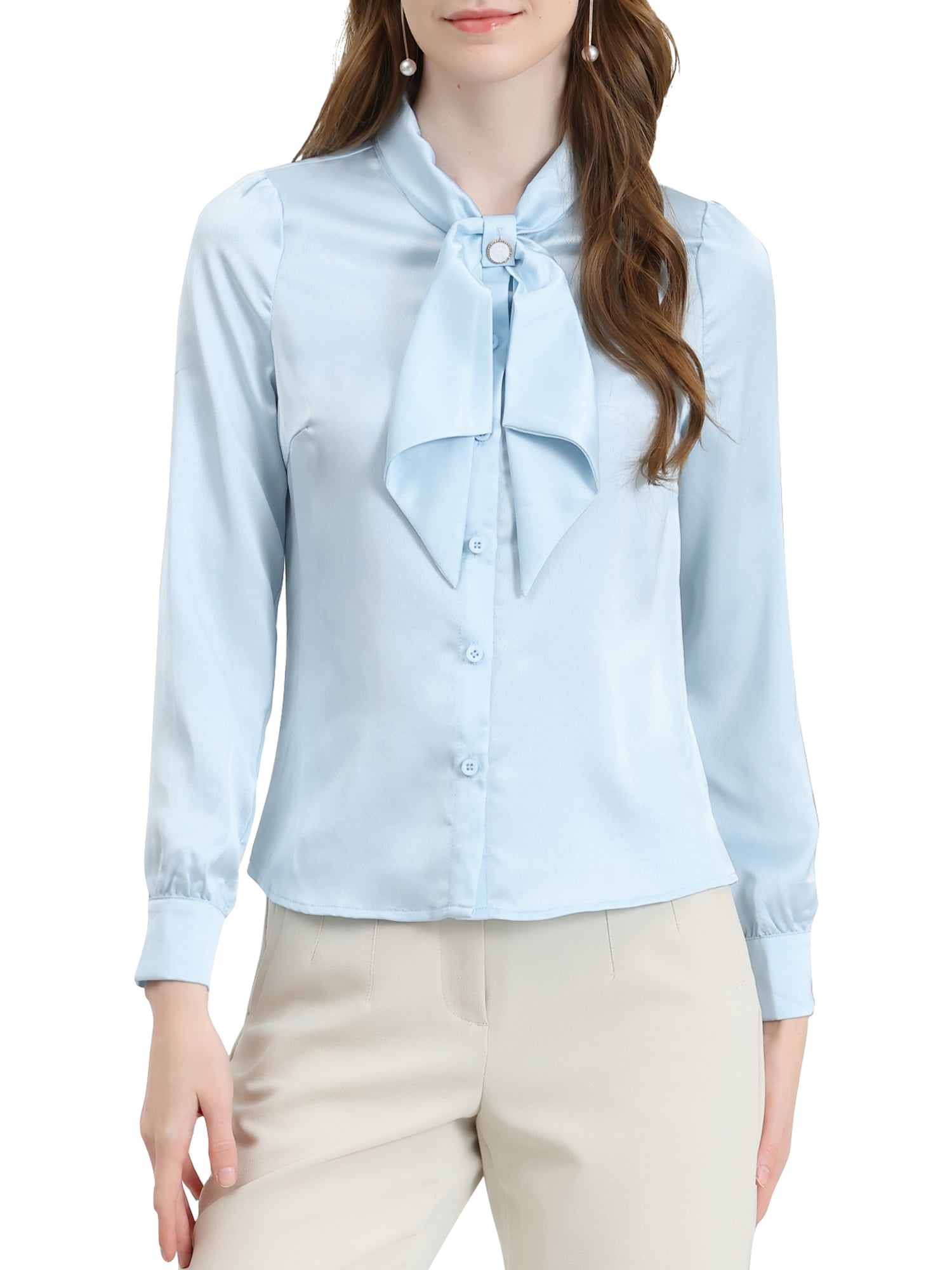 Allegra K Women's Button Down Shirt Tie Neck Satin Blouse Business Casual  Tops