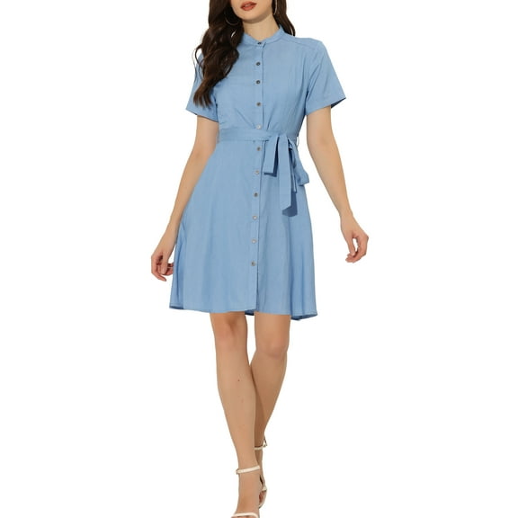 INSPIRE CHIC Women's Button Down Short Sleeve Denim Shirt Midi Dress with Belt Light Blue S