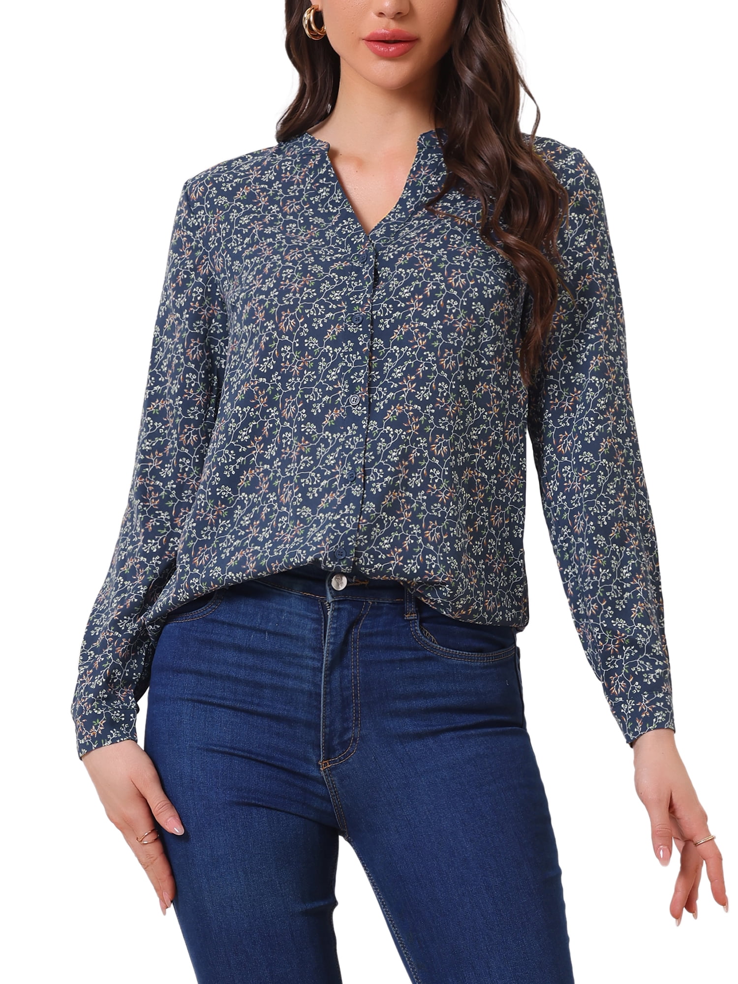 INSPIRE CHIC Women's Button Down V Neck Long Sleeve Floral Blouse L ...
