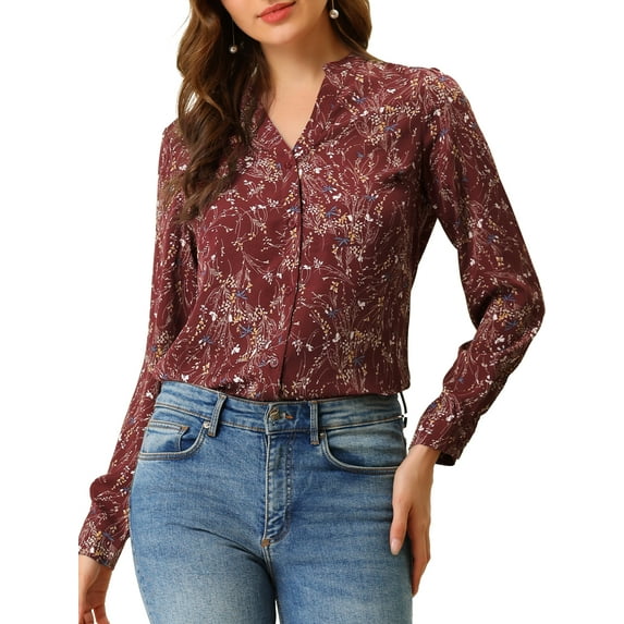 INSPIRE CHIC Women's Button Down V Neck Long Sleeve Floral Blouse XS Burgundy