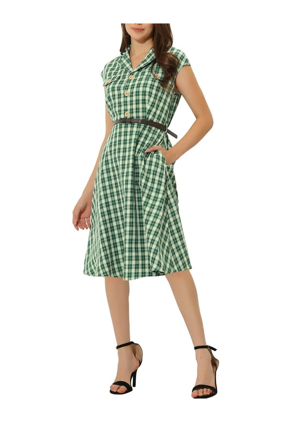 Women's Button Front Cap Sleeve Retro Belted Plaid Dresses M Green