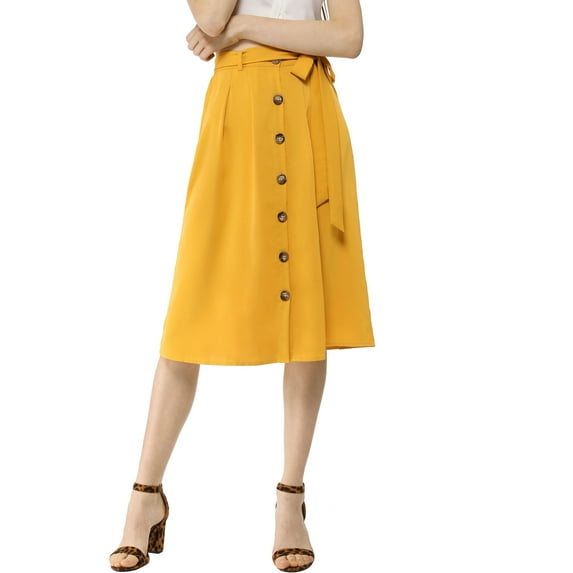 INSPIRE CHIC Women's Button Front Elastic High Waist Belted Knee Length Skirt L Yellow
