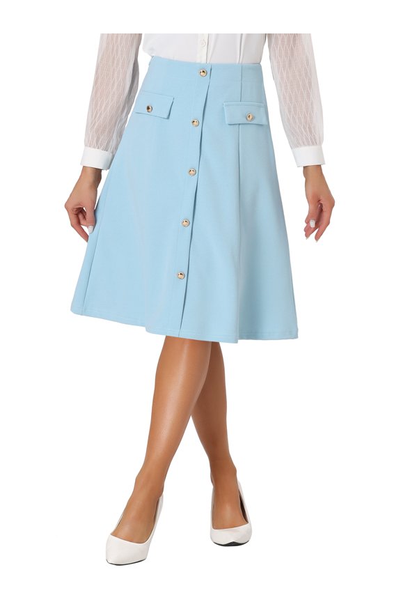 Edition Elegant Women's A-Line Button Front Knee Length Skirt for Work and Formal Occasions M Blue