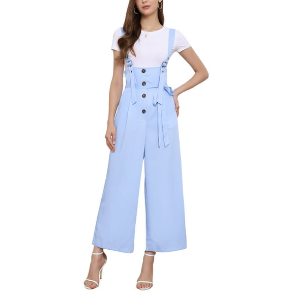 INSPIRE CHIC Women's Button Front High Waist Belted Straight Fit Overall Jumpsuit XL Sky Blue