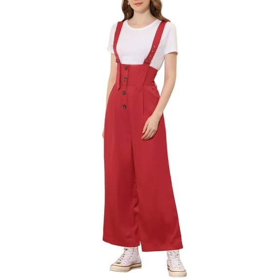 INSPIRE CHIC Women's Button Front High Waist Belted Straight Fit Overall Jumpsuit S Red