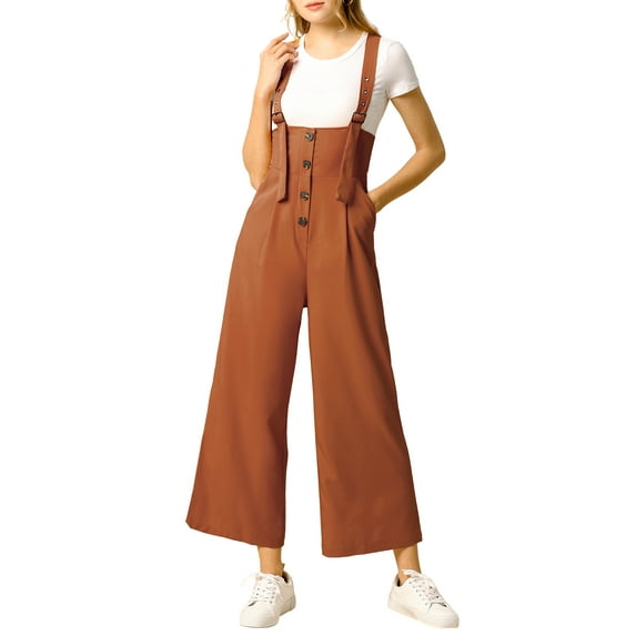 INSPIRE CHIC Women's Button Front High Waist Belted Straight Fit Overall Jumpsuit M Brown