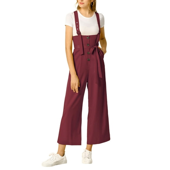 INSPIRE CHIC Women's Button Front High Waist Belted Straight Fit Overall Jumpsuit L Burgundy