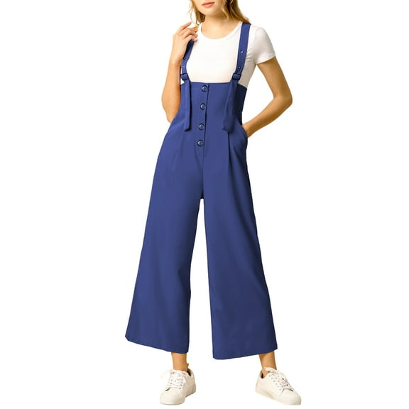 INSPIRE CHIC Women's Button Front High Waist Belted Straight Fit Overall Jumpsuit XS Blue