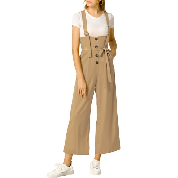INSPIRE CHIC Women's Button Front High Waist Belted Straight Fit Overall Jumpsuit S Khaki