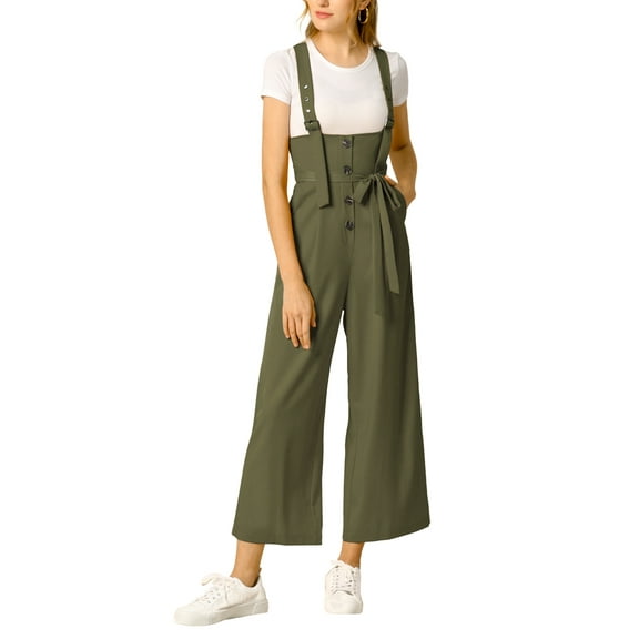 INSPIRE CHIC Women's Button Front High Waist Belted Straight Fit Overall Jumpsuit XS Army Green