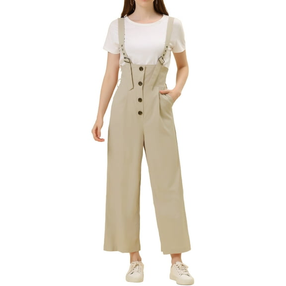 INSPIRE CHIC Women's Button Front High Waist Belted Straight Fit Overall Jumpsuit M Beige