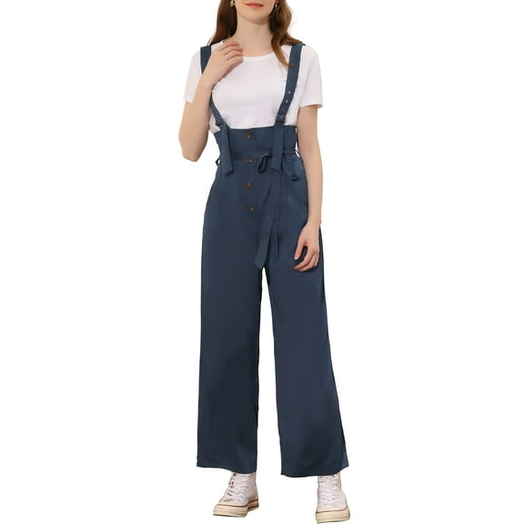 INSPIRE CHIC Women's Button Front High Waist Belted Straight Fit Overall Jumpsuit M Navy Blue