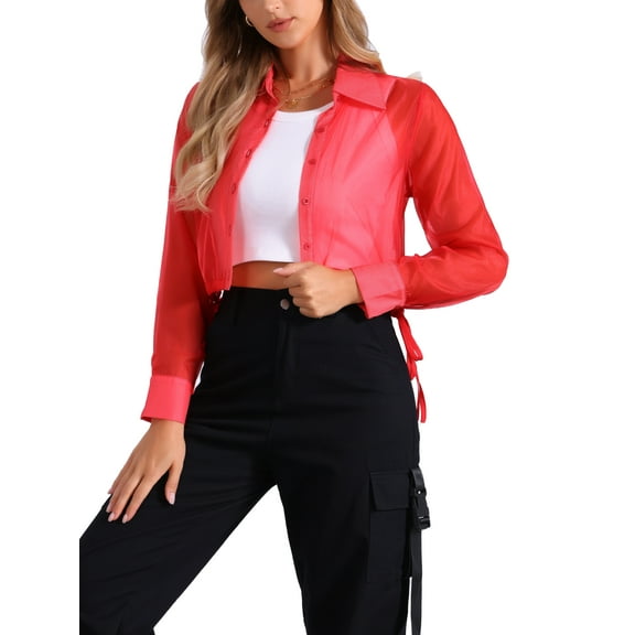 INSPIRE CHIC Women's Button-Front Point Collar Mesh Sheer Long Sleeve Shirt Tops XS Red