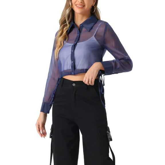 INSPIRE CHIC Women's Button-Front Point Collar Mesh Sheer Long Sleeve Shirt Tops L Dark Blue