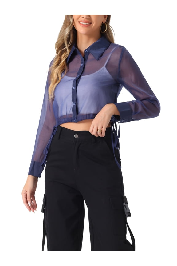 Women's Button-Front Point Collar Mesh Sheer Long Sleeve Shirt Tops M Dark Blue