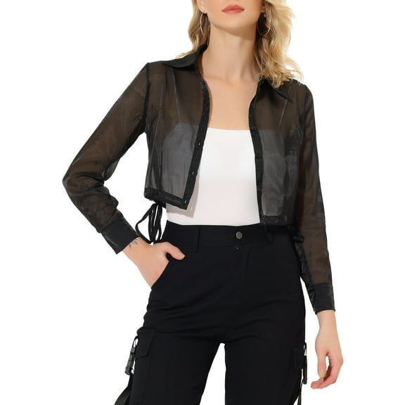 INSPIRE CHIC Women's Button-Front Point Collar Mesh Sheer Long Sleeve Shirt Tops M Black