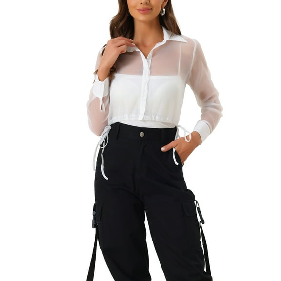 INSPIRE CHIC Women's Button-Front Point Collar Mesh Sheer Long Sleeve Shirt Tops L White