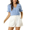 thumbnail image 1 of INSPIRE CHIC Women's Button Shirt V Neck Full Placket Short Sleeve Floral Top Blue L, 1 of 6