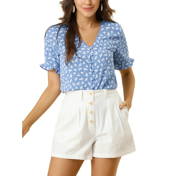 INSPIRE CHIC Women's Button Shirt V Neck Full Placket Short Sleeve Floral Top Blue L