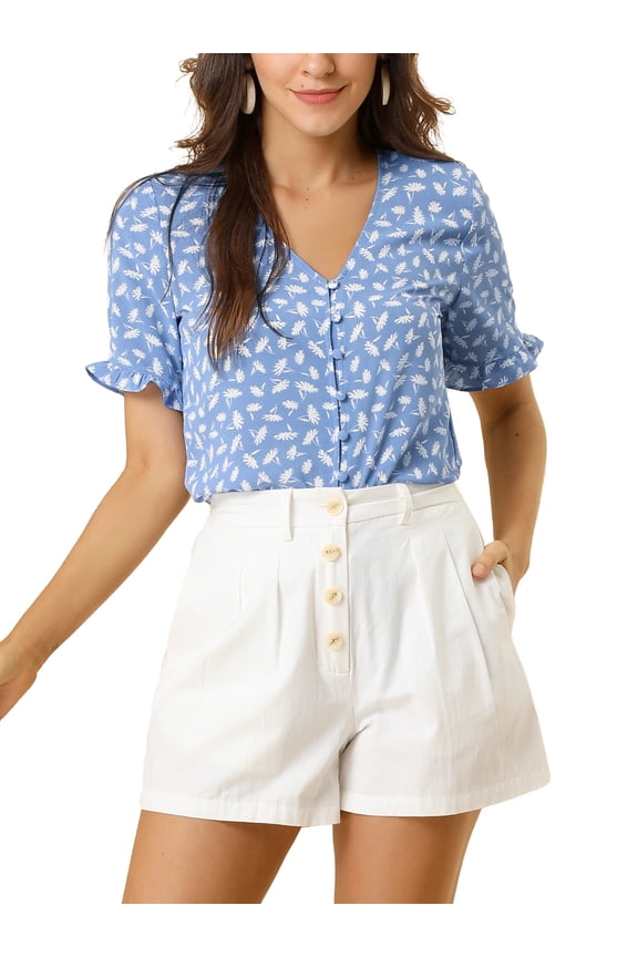 Women's Button Shirt V Neck Full Placket Short Sleeve Floral Tops S Blue