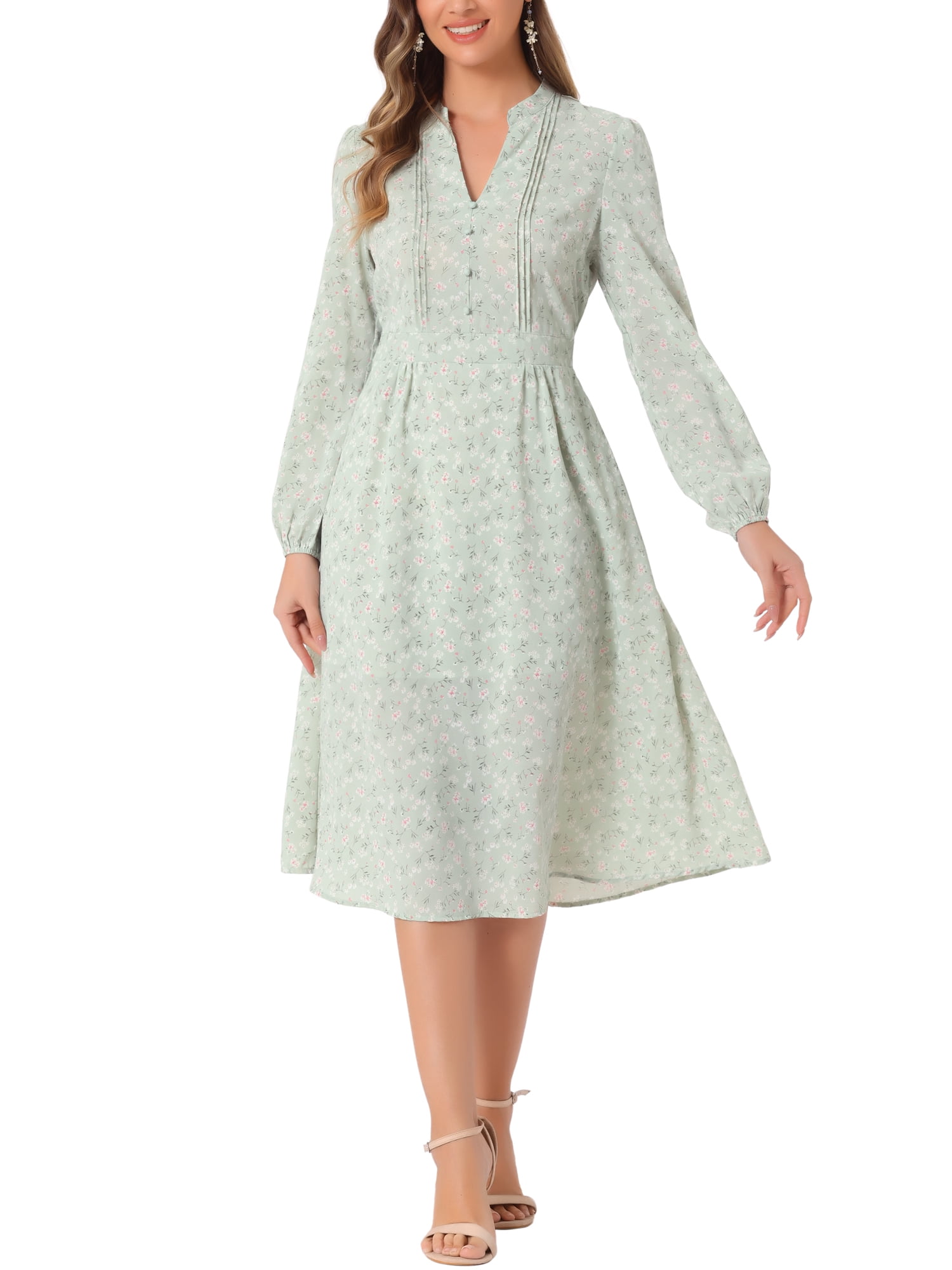 INSPIRE CHIC Women's Floral Dress Long Sleeve V Neck Pleated Flowy ...