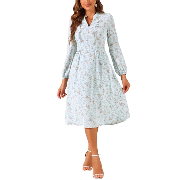 INSPIRE CHIC Women's Floral Dress Long Sleeve V Neck Pleated Flowy Summer Midi Dress M Blue