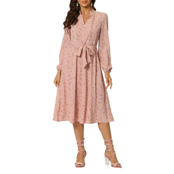 INSPIRE CHIC Women's Floral Dress Long Sleeve V Neck Pleated Flowy Summer Midi Dress M Pink