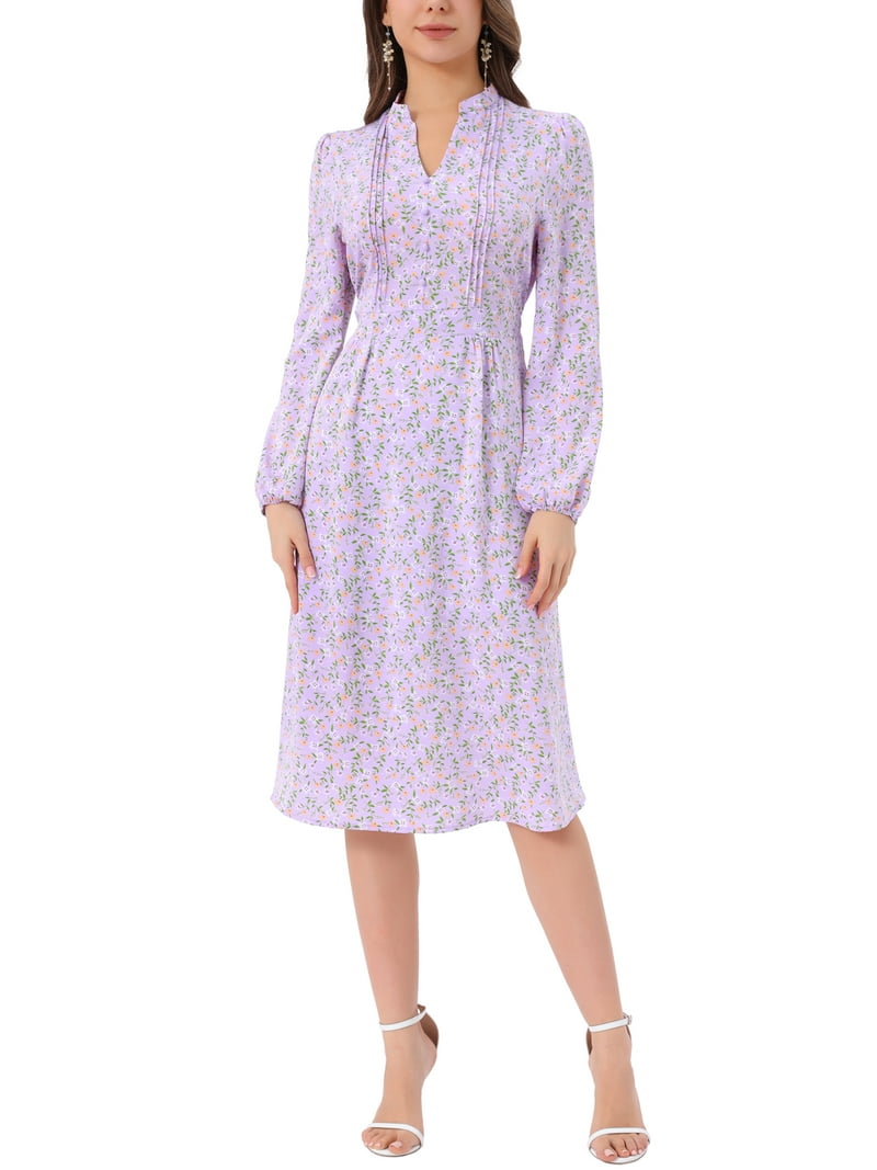 Inspire Chic Women's Floral Dress Long Sleeve V Neck Pleated Flowy Summer Midi Dress XL Light Purple