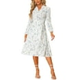 thumbnail image 1 of INSPIRE CHIC Women's Floral Dress Long Sleeve V Neck Pleated Flowy Summer Midi Dress XS White, 1 of 6