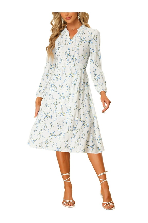 Women's Floral Dress Long Sleeve V Neck Pleated Flowy Summer Midi Dress XS White