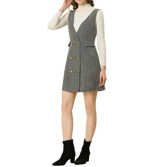 INSPIRE CHIC Women's Button V Neck Plaid Tweed High Waist Office Overall Dress