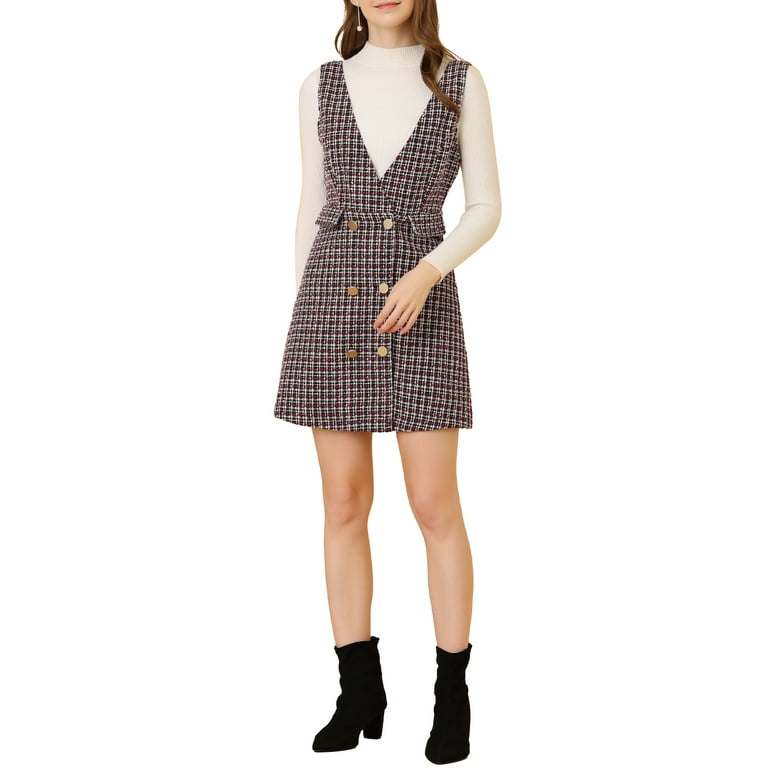 Allegra K Women s Button V Neck Plaid Tweed High Waist Office Overall Dress Walmart