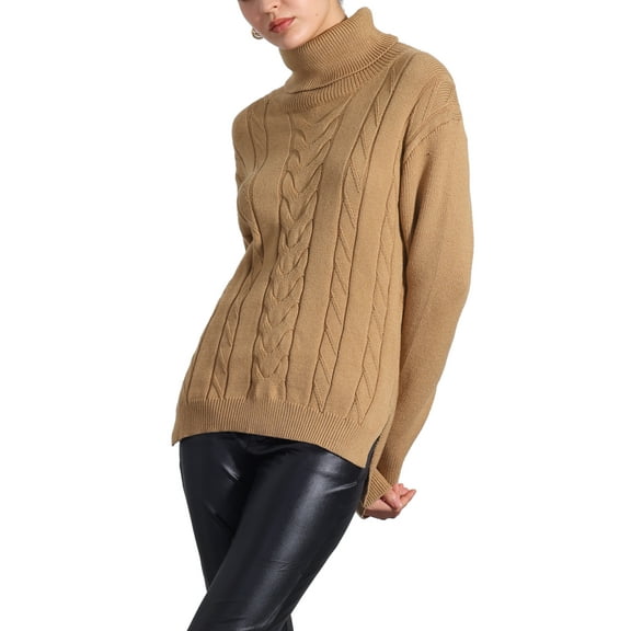 INSPIRE CHIC Women's Cable Knit Sweaters High Low Split Long Sleeve Turtleneck Jumpers
