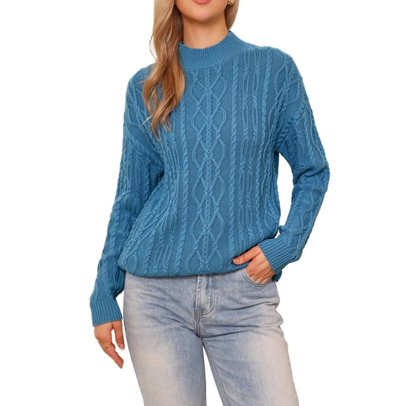 INSPIRE CHIC Women's Cable Pullover Sweaters Long Sleeve Woven Crewneck Knit Sweater L Gray Blue