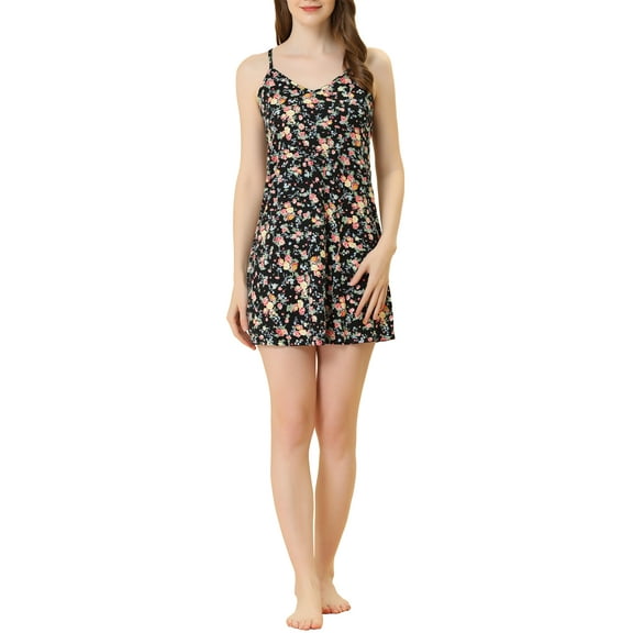 INSPIRE CHIC Women's Camisole Nightgown Pajamas Summer Print Cami Slip Sleepwear  Medium Black Flower