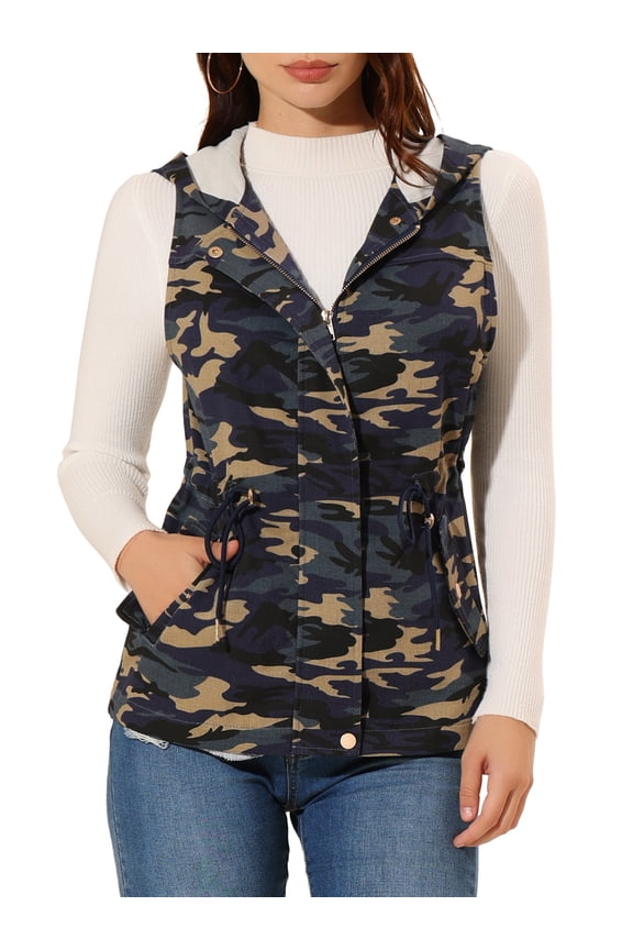 Women's Camo Drawstring Waist Hooded Jacket Cargo Vest