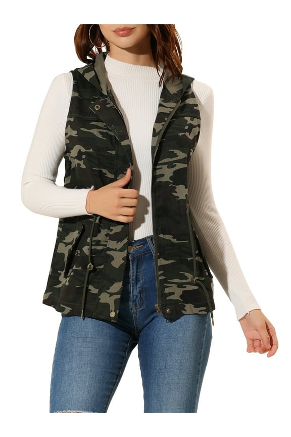 Women's Camo Drawstring Waist Hooded Jacket Cargo Vest