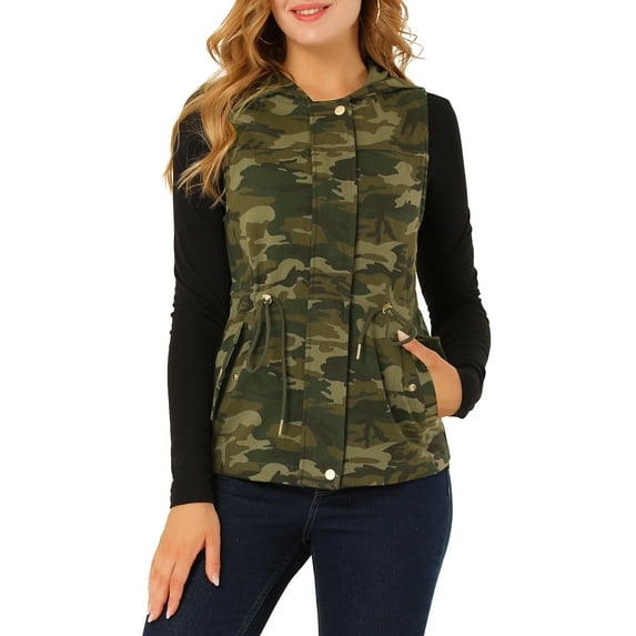 Allegra K Women's Camo Drawstring Waist Hooded Jacket Cargo Vest